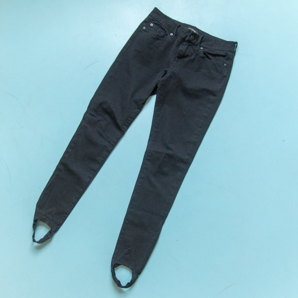 7 For All Mankind Solid Black Stirrup Foot Mid Rise Waist Skinny Jeans Size 26 - Picture 2 of 8